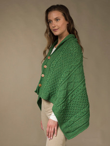 Aran Buttoned Wool Poncho - Kiwi