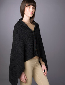 Aran Buttoned Wool Poncho - Black