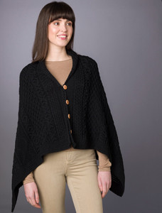 Aran Buttoned Wool Poncho - Black