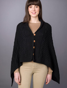 Aran Buttoned Wool Poncho - Black