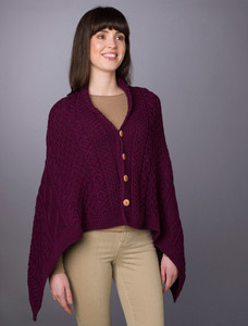 Aran Buttoned Wool Poncho - Very Berry