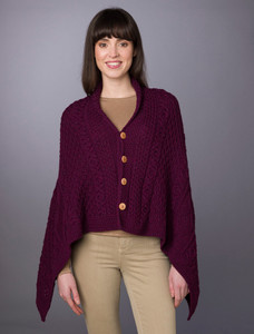 Aran Buttoned Wool Poncho - Very Berry