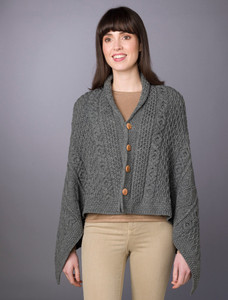Aran Buttoned Wool Poncho - Grey