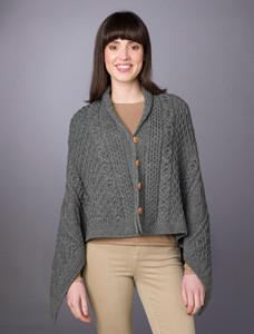 Aran Buttoned Wool Poncho - Grey