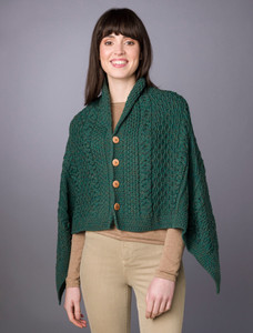 Aran Buttoned Wool Poncho - Connemara Green