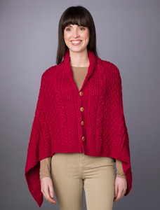 Aran Buttoned Wool Poncho - Chillipepper