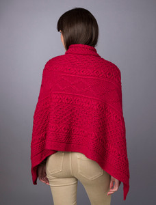Aran Buttoned Wool Poncho - Chillipepper