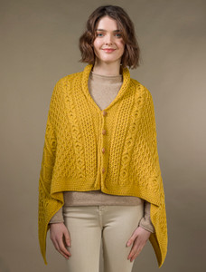 Aran Buttoned Wool Poncho - Yellow