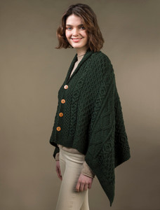 Aran Buttoned Wool Poncho - Army Green