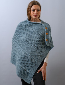 Aran Buttoned Wool Poncho - Mist