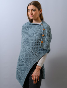 Aran Buttoned Wool Poncho - Mist