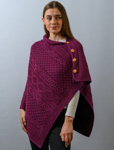 Aran Buttoned Wool Poncho - Very Berry