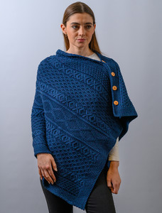 Aran Buttoned Wool Poncho - Atlantic