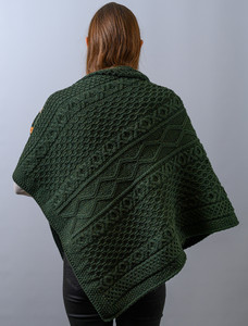 Aran Buttoned Wool Poncho - Army Green