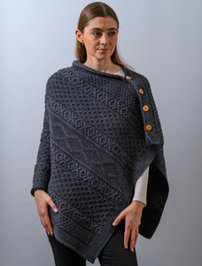 Aran Buttoned Wool Poncho - Derby
