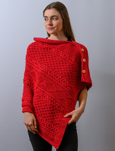 Aran Buttoned Wool Poncho - Chillipepper