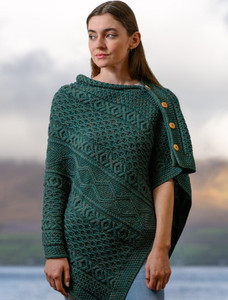 Aran Buttoned Wool Poncho - Connemara Green