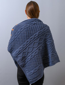 Aran Buttoned Wool Poncho - Denim