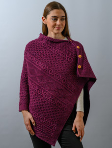 Aran Buttoned Wool Poncho - Very Berry
