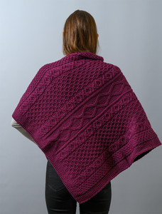 Aran Buttoned Wool Poncho - Very Berry