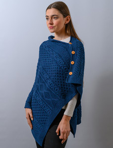Aran Buttoned Wool Poncho - Atlantic