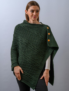 Aran Buttoned Wool Poncho - Army Green