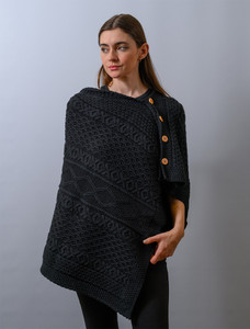 Aran Buttoned Wool Poncho - Black