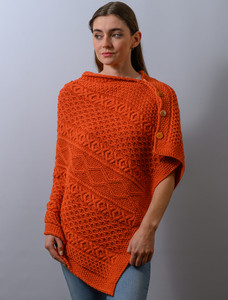 Aran Buttoned Wool Poncho - Autumn Leaf