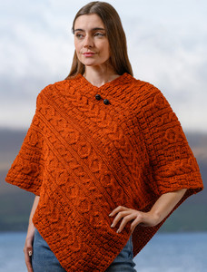 Aran Cable Wool Poncho - Burnt Orange