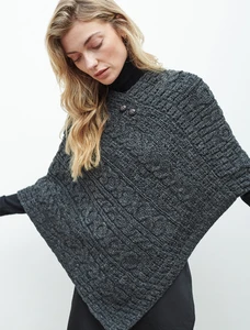 Aran Cable Wool Poncho - Charcoal