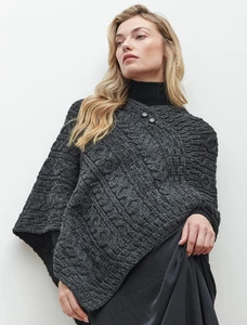 Aran Cable Wool Poncho - Charcoal