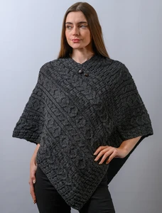 Aran Cable Wool Poncho - Charcoal