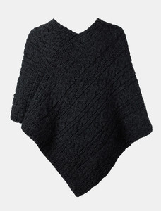Aran Cable Wool Poncho - Charcoal