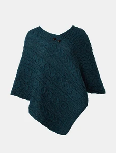 Aran Cable Wool Poncho - Mallard