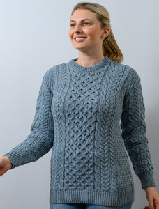 Merino Honeycomb Aran Sweater - Misty Blue