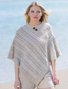 Plaited Aran Poncho with Button Detail - White/Wicker