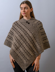 Plaited Aran Poncho with Button Detail - Wicker/Brown