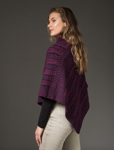 Plaited Aran Poncho with Button Detail - Very Berry/Navy