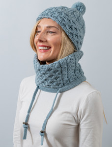Honeycomb & Cable Hat with Pom - Misty Blue