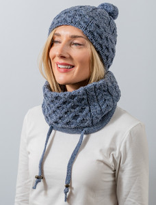 Honeycomb & Cable Hat with Pom - Denim