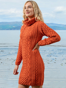 Cable Aran Dress with Cowl Neck - Autumn Leaf