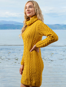 Cable Aran Dress with Cowl Neck - Sunflower Yellow