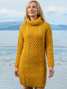 Cable Aran Dress with Cowl Neck - Sunflower Yellow