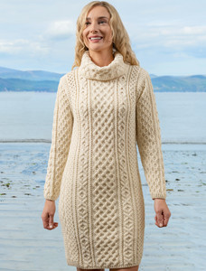 Cable Aran Dress with Cowl Neck - Natural White