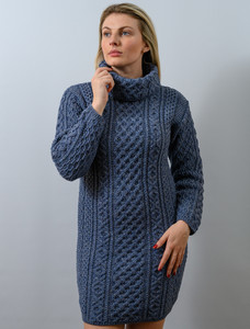 Cable Aran Dress with Cowl Neck - Denim