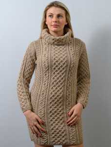 Cable Aran Dress with Cowl Neck - Wicker