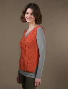 Ladies V-Neck Aran Slipover - Autumn Leaf