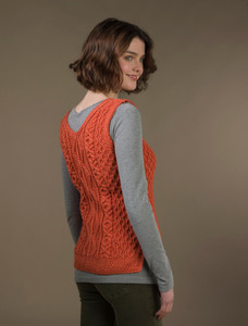 Ladies V-Neck Aran Slipover - Autumn Leaf