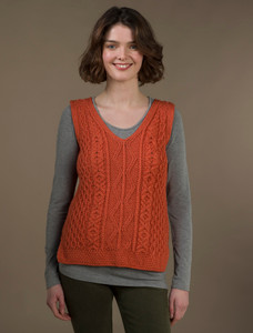Ladies V-Neck Aran Slipover - Autumn Leaf