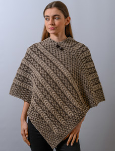 Plaited Aran Poncho with Button Detail - Wicker/Brown